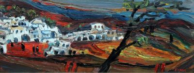 יצחק פרנקל-פרנל, נוף עם בתים ועץ. יצחק פרנקל-פרנל (1899-1981), נוף עם בתים ועץ, שמן על בד, 18x46 