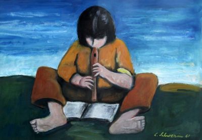 לודוויג שוורין, ילד מנגן חלילית. לודוויג שוורין (1897-1983), ילד מנגן בחלילית, 1961, אקריליק על 