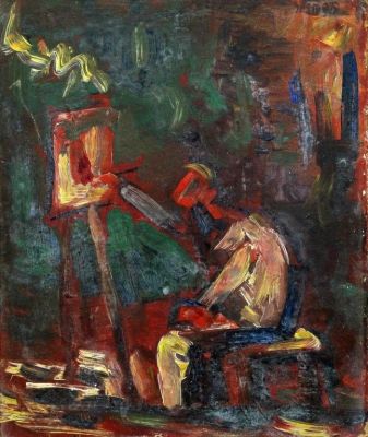 דוד הנדלר, אמן בסטודיו. דוד הנדלר (1904-1984), אמן בסטודיו, שמן על לוח, 30x24 ס"מ, חתום.