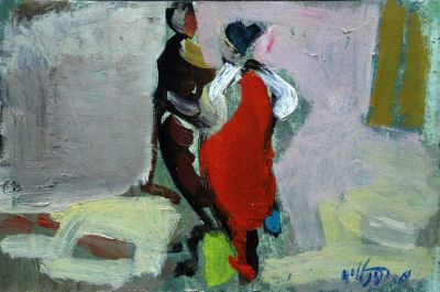 משה רוזנטליס, שתי דמויות. משה רוזנטליס (1922-2008), שתי דמויות, שמן על בד, 17x25 ס"מ, חתום.