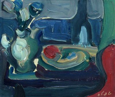 שמואל טפלר (1918-1998), טבע דומם, שמן על לוח, 18x20 ס"מ, חתום.