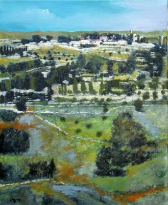 עודד פיינגרש, נוף. עודד פיינגרש (נ. 1938), ירושלים, אקריליק על בד, 44X35 ס"מ, חתום.