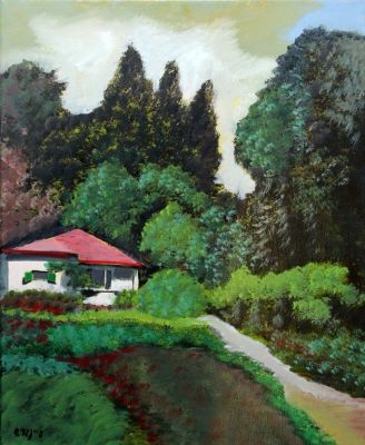 עודד פיינגרש, נוף עם בית. עודד פיינגרש (נ. 1938), נוף עם בית, אקריליק על בד, 44X35 ס"מ, חתום.