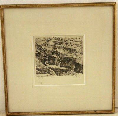 אנה טיכו, ירושלים. אנה טיכו (1894-1980), ירושלים, תחריט, 16X16 ס"מ, חתום וממוספר 162/200.