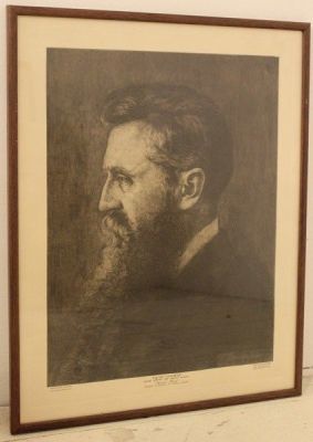הרמן שטרוק, הרצל. הרמן שטרוק (1876-1944), הרצל, תחריט, 54X42 ס"מ. חתימה בפלטה, דפוס שקמונה, חיפה.