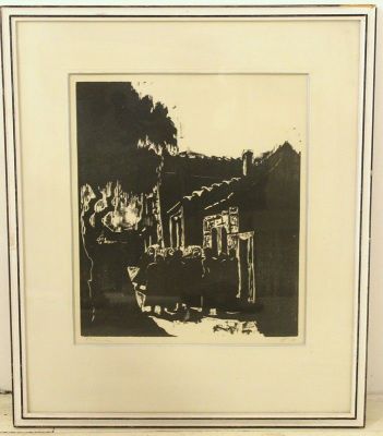 יעקב פינס, תמונת רחוב. יעקב פינס (1917-2005), תמונת רחוב, הדפס עץ, 35X30 ס"מ. חתום.