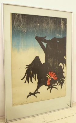 יעקב פינס, תרנגול. יעקב פינס (1917-2005), תרנגול, 1970, הדפס עץ, 75X55 ס"מ. חתום, מתוארך 