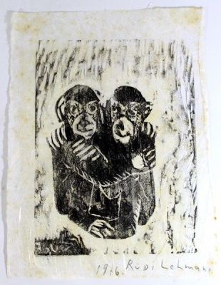 רודי להמן, זוג קופים, הדפס עץ. רודי להמן (1903-1977), זוג קופים, 1976, הדפס עץ, 30&times;23 ס"מ 