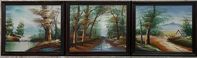 לוט 3 ציורי שמן מרהיבים ממוסגרים, שלמעשה משלימים זה את זה (אמן לא ידוע). 
מידות כולל מסגרת: 22 