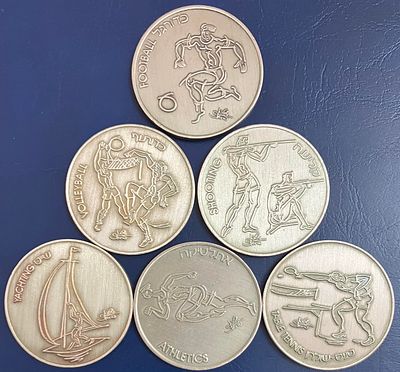 לוט 6 מדליות ממלכתיות, מנחושת-ניקל, בקוטר 38.5 מ"מ , מהסדרה "ספורט בישראל" , שהונפקו בשנים 
