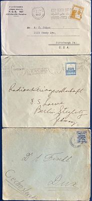 לוט 3 מעטפות נושנות נדירות , מתקופת המנדט הבריטי בארץ ישראל, מבוילת בבולי פלשתינה (א"י), שנשלחו 