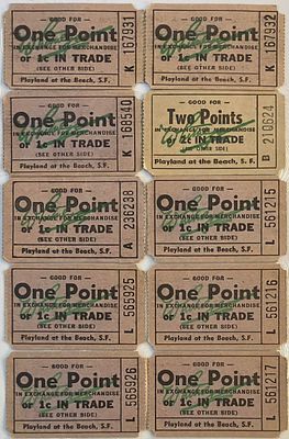 לוט 10 שוברים, שהינם אמצעי תשלום לשימוש במתקנים של ארץ המשחקים של החוף, סן פרנסיסקו, ארה"ב 