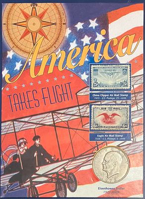 פולדר מיוחד המנציח את היסטוריית התעופה האמריקאית, הכולל מטבע ארצות הברית 1 דולר , 1972 