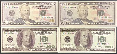 לוט 4 שטרות משחק Funny Money , מסוג 50 &amp; 100 דולר ארה"ב .