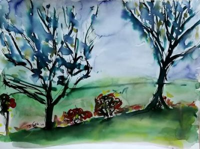 Debbi Eshel Aquarelle on paper, 35 by 48 cm, signed, 2019. Lives and works in Moshav Nir-Hen. 