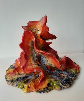 Hannah Berger, b. 1952, clay sculpture, diameter 28 cm, height 23 cm. Sculptor in clay, exhibits 