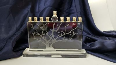 Menorah, high-quality crystal, handmade, Hillel Mitrani design, length: 19 cm, height: 14 cm 