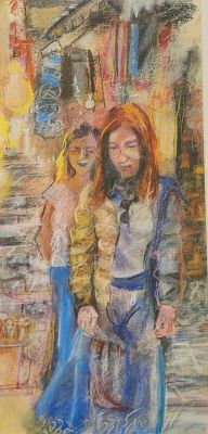 מרים סיגל - דרליך, נ.1952. פסטל יבש על נייר, 48 על 24 ס"מ, חתום, מידות כולל מסגרת: 68 על 41 ס"מ. 