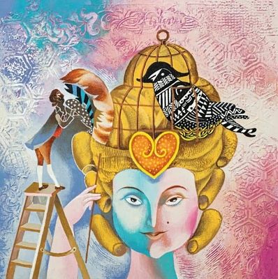 וולף דאלי, בולבה, אקריליק על בד, 30 על 30 ס"מ חתום. "עוד בהיותי כסטודנט עיצבתי ספרים עבור הוצאות 