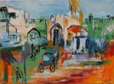 רינה כרמל, שמן על בד, 57 על 77 ס"מ, חתום. אומנית רב גונית .מציירת בצבעי שמן בשלל סגנונות; 