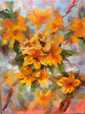 נעמי פלדמן, שמן על בד, 40 על 30 ס"מ, חתום. נעמי הגיעה מעולם האמנות, התמחתה והדריכה בעיקר רקמות 