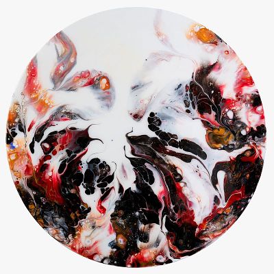 רקפת צור, נ. 1963, פורינג, אקריליק בכיסוי אמייל אפוקסי צלול על בד, קוטר 30 ס"מ, חתום. ​"עבודתי 