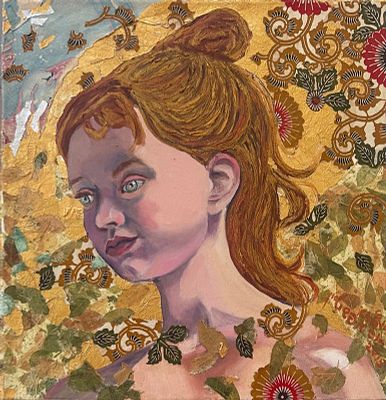 חוה אפשטיין, שמן, פיסות נייר ועלים על בד, 40 על 40 ס"מ, חתום