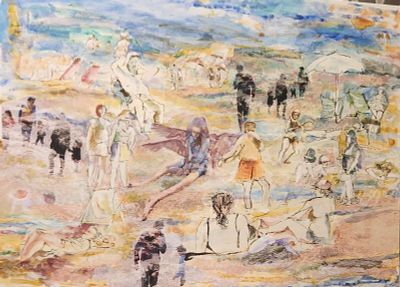 מרים סיגל - דרליך, נ.1952. רישום בדיו, אקריליק והדפס על בד, 60 על 80 ס"מ, חתום. קורות חיים 