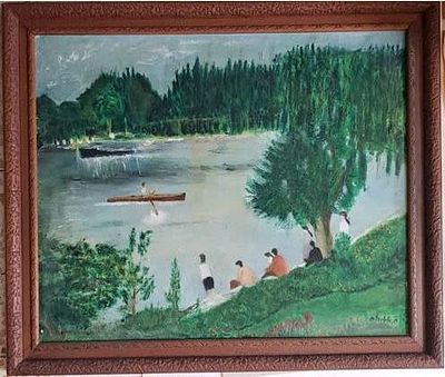 Unknown artist, canvas mounted on wood, 48 by 59 cm, signed and framed, (probably acrylic)