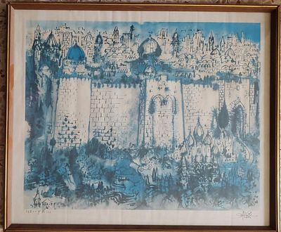 Stern, print/poster, "Jerusalem in Blue, " on paper, framed under glass. Overall dimensions: 52 