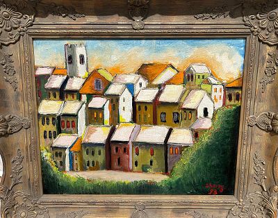 יצחק שרז (1932-2016), שמן על בד, 39 על 49 ס"מ. חתום, ממוסגר. מידות כולל מסגרת: 55 על 67 ס"מ. יצחק 