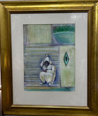 יצחק שרז (1932-2016), פסטל על נייר, 54 על 44 ס"מ, חתום וממוסגר, מידות עם מסגרת: 68 על 60 ס"מ. יצח 