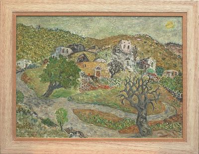 עין-הוד. שמן על בד, 1966. גודל מסגרת 61 על 78 ס"מ. Abraham Heilblut. Ein-Hod. Oil on Canvas 