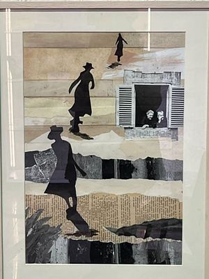 פטריסיה גלמן, נ. 1956. קולאז' וטכניקה מעורבת, 46 על 33 ס"מ, חתום וממוסגר, מידות עם מסגרת: 60 על 