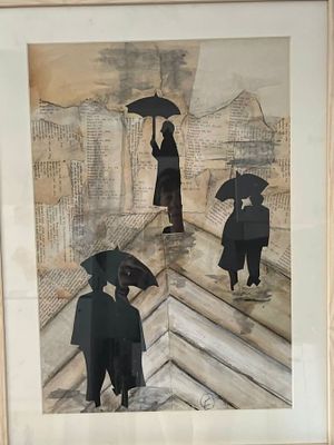 פטריסיה גלמן, נ. 1956, קולאז' וטכניקה מעורבת, 46 על 33 ס"מ, חתום וממוסגר, מידות עם מסגרת: 60 על 