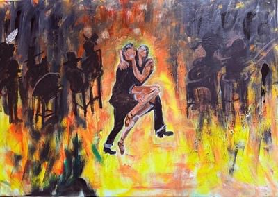 טל אביאל, אקריליק על בד, 52 על 70 ס"מ, חתום. טל אביאל נולדתי ב 1970 בקיבוץ אייל. בצילו של אבא 