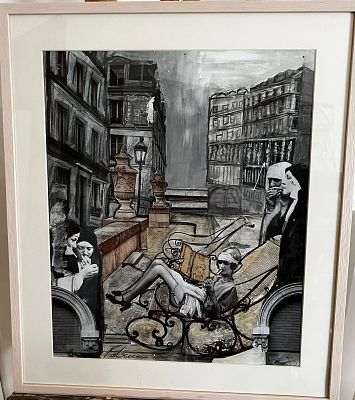 פטריסיה גלמן, נ. 1956. קולאז' וטכניקה מעורבת, 46 על 33 ס"מ, חתום וממוסגר, מידות עם מסגרת: 60 על 