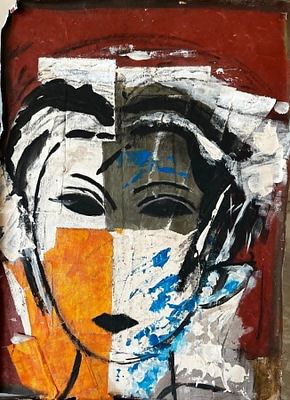 פטריסיה גלמן, נ. 1956. קולאז', קנבס עם אקריליק על בד, 70 על 45 ס"מ, חתום . נולדתי בפריז ומאז 