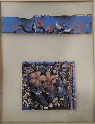 ציור בתרומה, רבקה רוזנטל, קולאז' ואקריליק על נייר, 44 על 34 ס"מ, חתום וממוסגר, עם מסגרת:62 על 52 ס"מ