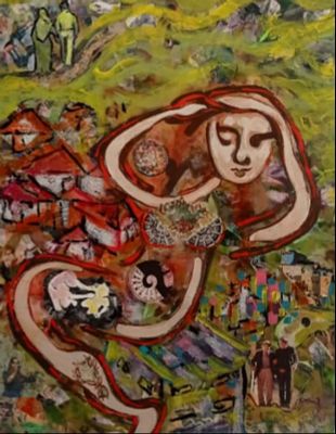 אורית בת צבי הרפז, נ. 1962, קולאז' ואקריליק על בד, 80 על 60 ס"מ, חתום. ציירת, ילידת תל אביב יפו 