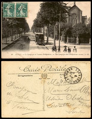 גלויה ישנה נושאת איור בית הכנסת ב SEDAN. נשלחה בשנת 1918