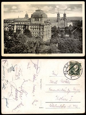 גלויה ישנה נושאת איור בית הכנסת ב PLZEN. נשלחה בשנת 1933