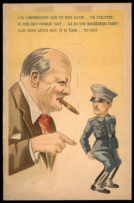 יודאיקה : מלחמת העולם II - גלוית תעמולה אנטי נאצית. הודפסה באנגליה. נושאת דמויות צ'רצ'יל 