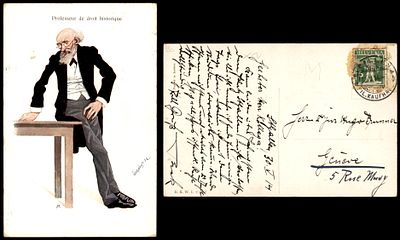 יודאיקה : גלויה ישנה " פרופסור לזכויות היסטוריות " הודפסה באוסטריה. נשלחה בשוייץ 1914