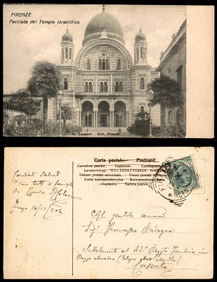 גלויה ישנה נושאת איור בית הכנסת ב פירנצה, איטליה. נשלחה בשנת 1906