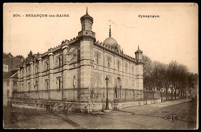 גלויה ישנה נושאת איור בית הכנסת ב BESANCON - LES - BAINS, צרפת. נשלחה בשנת 1913
