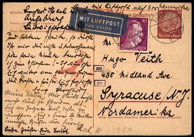 יודאיקה : שואה - 10/1941 גלויה שנשלחה מגרמניה לניו יורק. מאוחר ולא שכיח