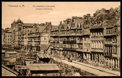 יודאיקה : גלויה ישנה נושאת איור " סמטת היהודים " בפרנקפורט. בהוצאת MANNEWITZ