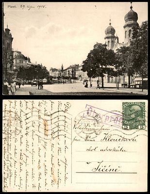 גלוית ישנה נושאת איור בית הכנסת ב PLZEN, צ'כיה. נשלחה באמצעות הדאר הצבאי הגרמני בשנת 1915