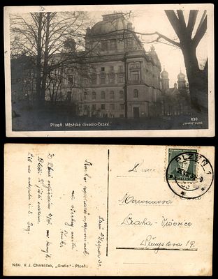 גלויה ישנה נושאת איור בית הכנסת ב PLZEN, צ'כיה. נשלחה ב 1930